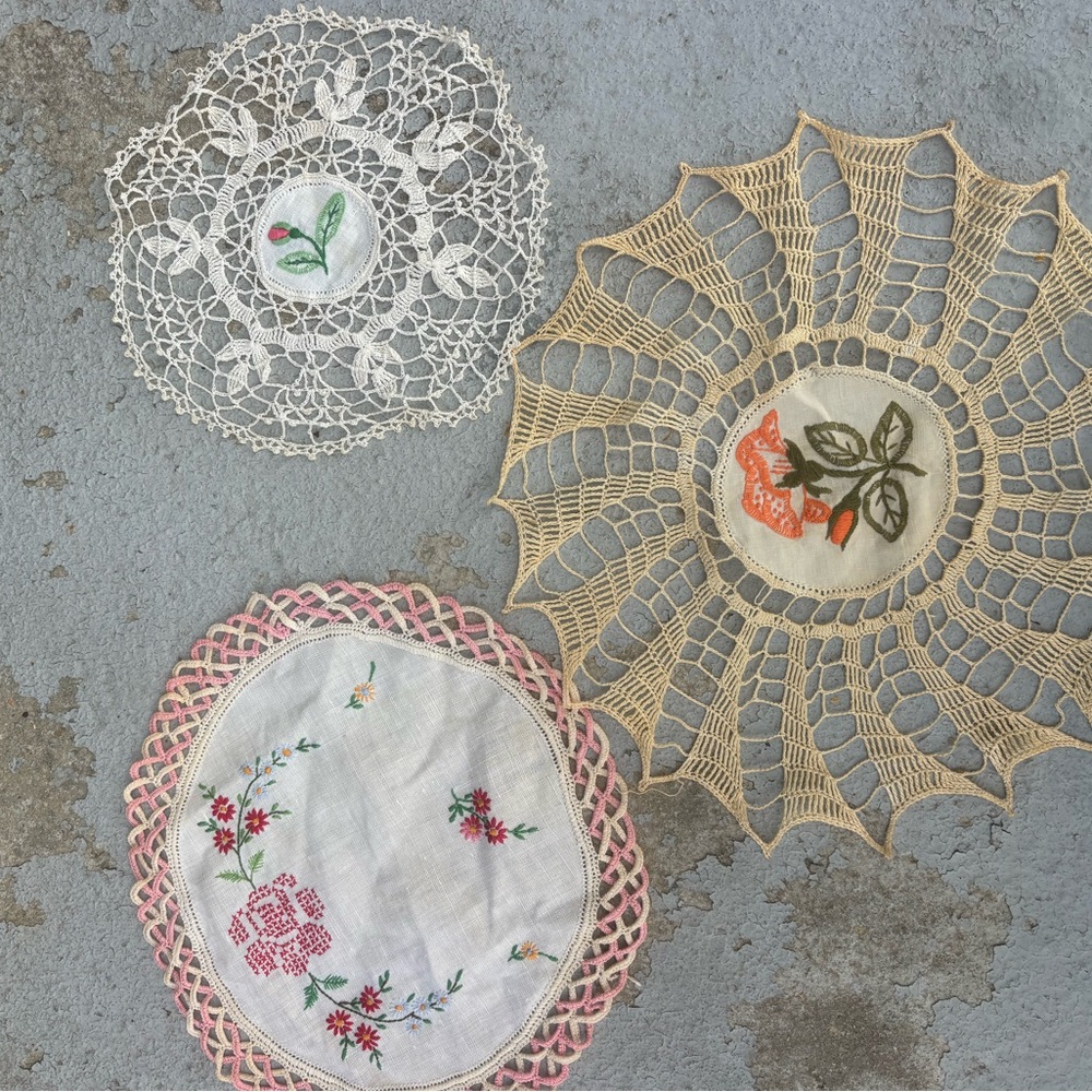 Set of 3 Hand Crocheted Embroidered Doilies Floral Theme